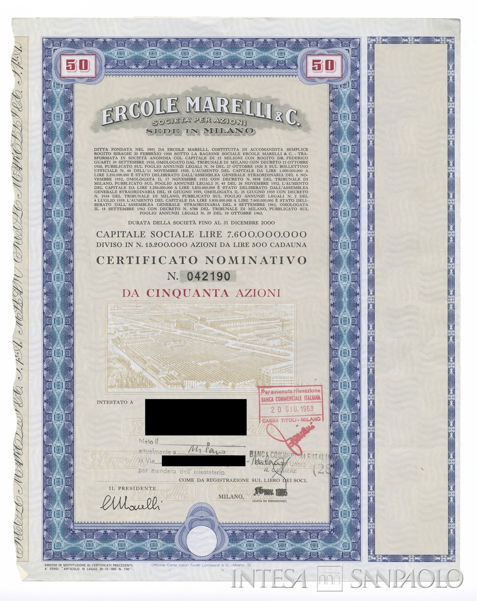 Ercole Marelli & C. SpA, certificati azionari nominativi - recto a