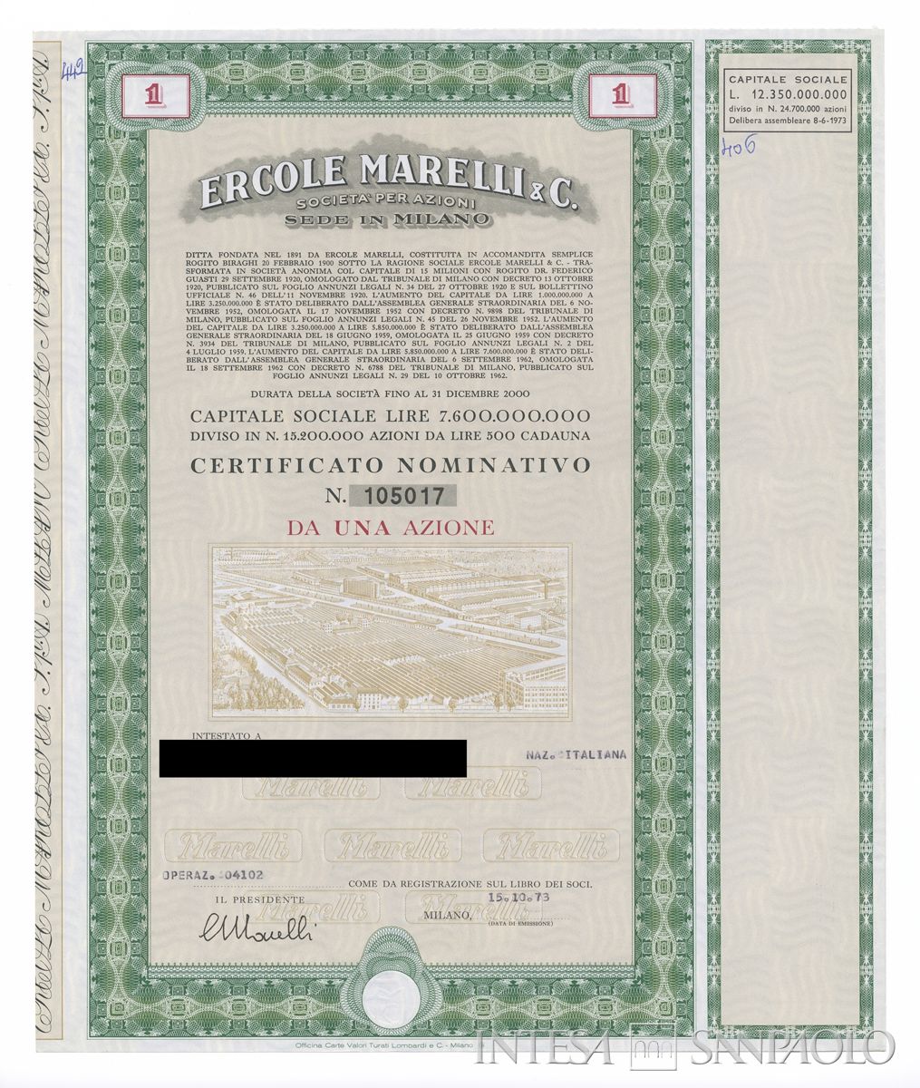 Ercole Marelli & C. SpA, certificati azionari nominativi - recto a