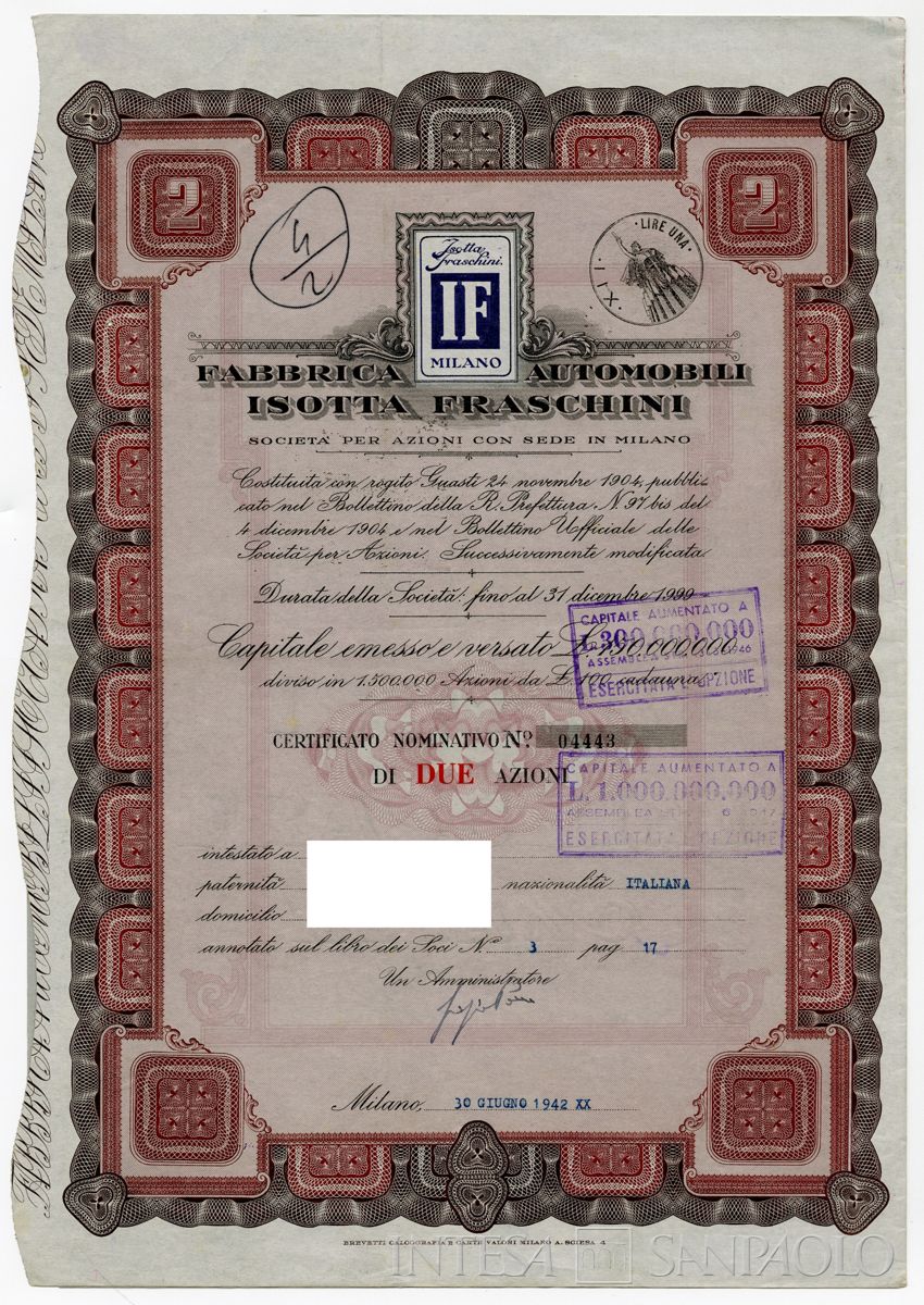 Fabbrica automobili Isotta Fraschini SpA, certificati azionari nominativi - recto b