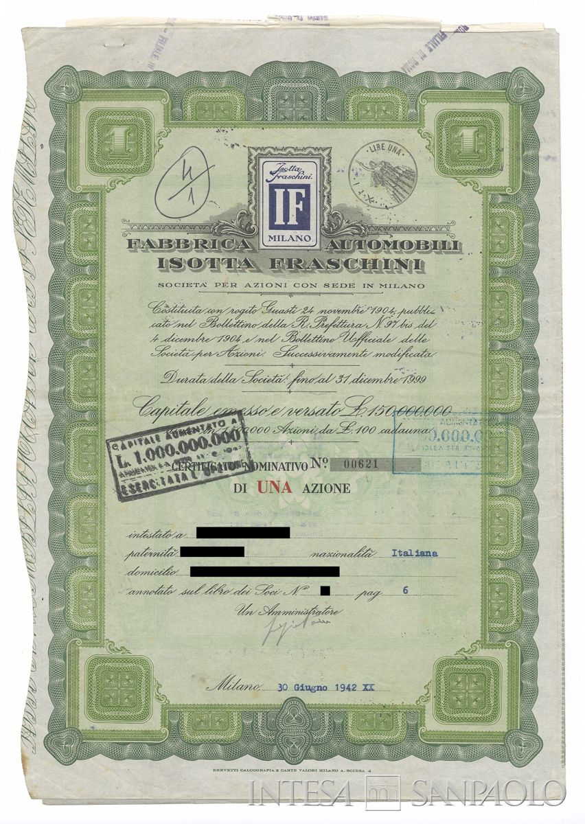 Fabbrica automobili Isotta Fraschini SpA, certificati azionari nominativi - recto a