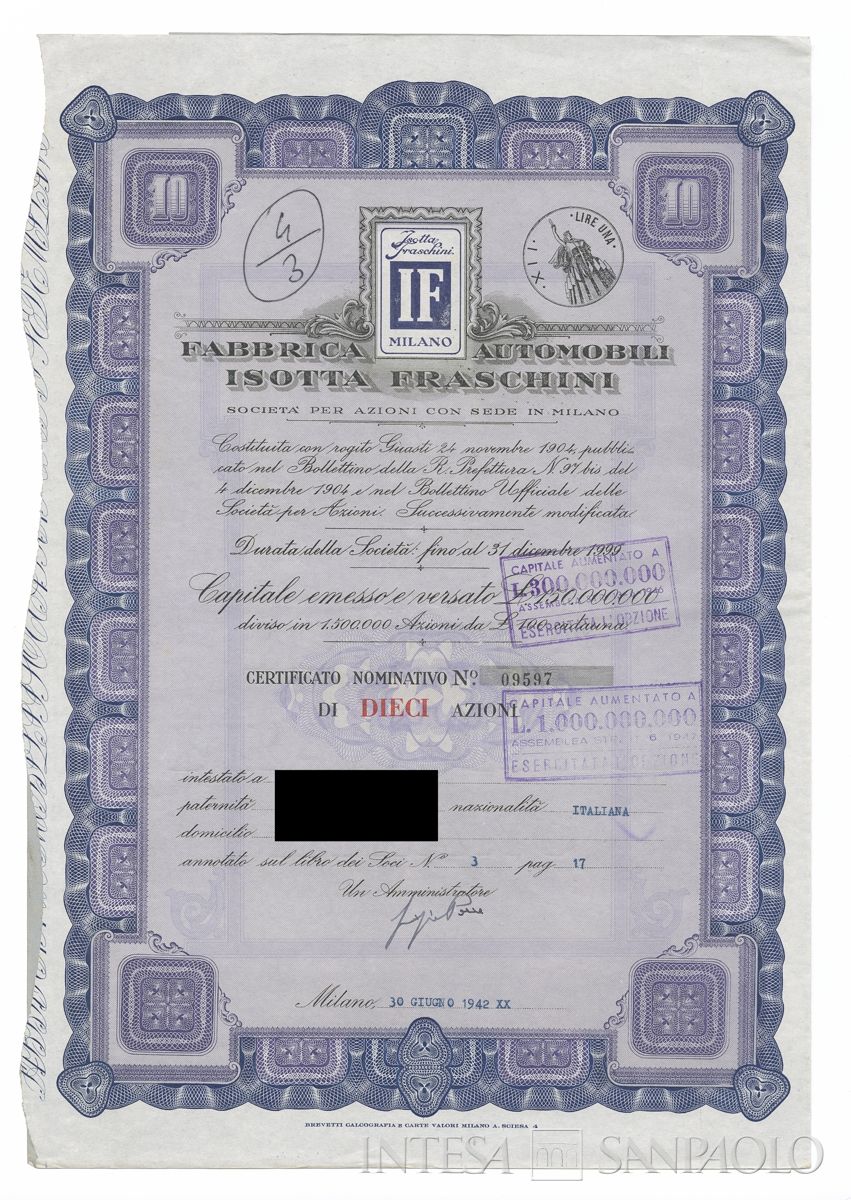 Fabbrica automobili Isotta Fraschini SpA, certificati azionari nominativi - recto c