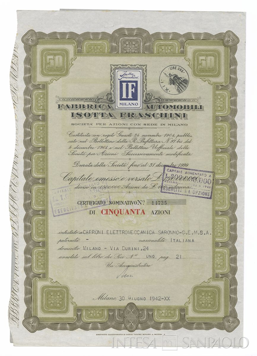 Fabbrica automobili Isotta Fraschini SpA, certificati azionari nominativi - recto d