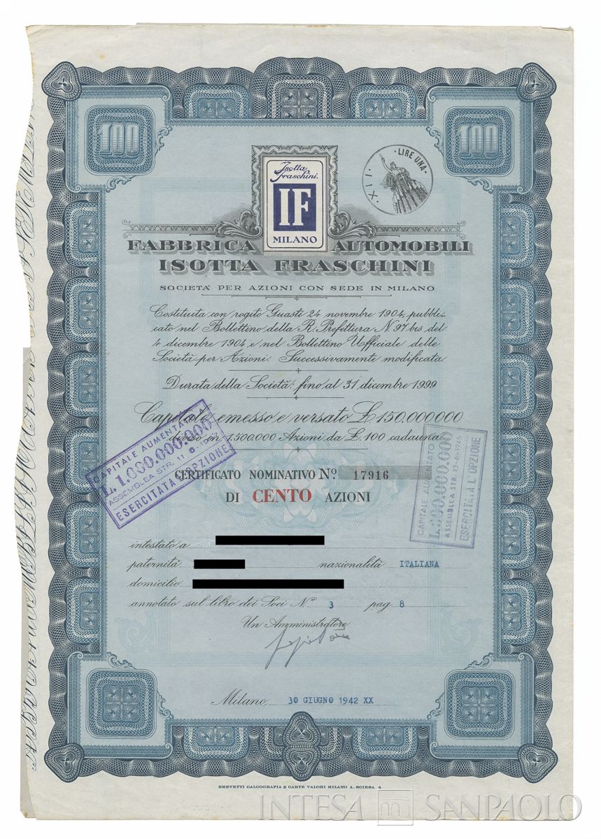 Fabbrica automobili Isotta Fraschini SpA, certificati azionari nominativi - recto e
