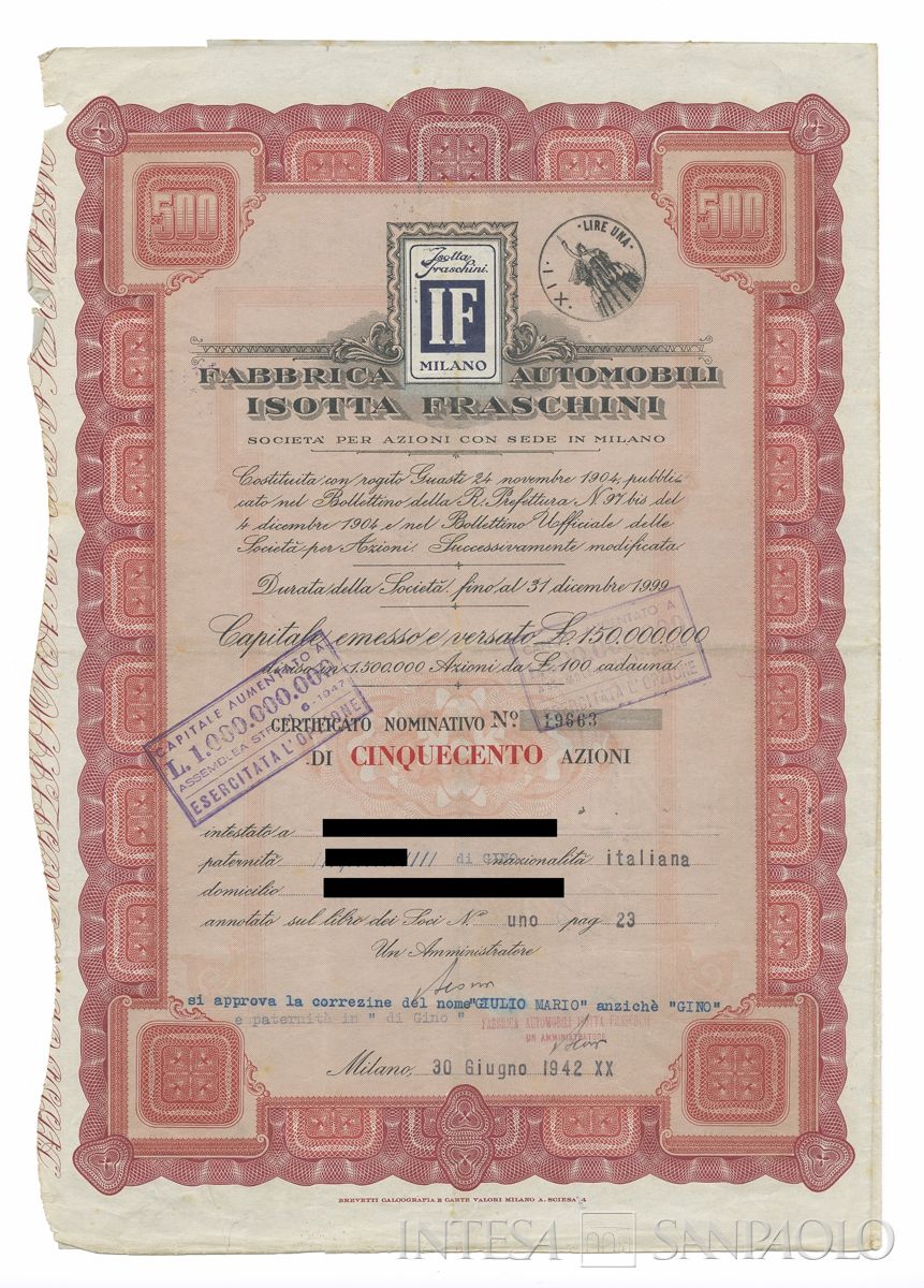 Fabbrica automobili Isotta Fraschini SpA, certificati azionari nominativi - recto f