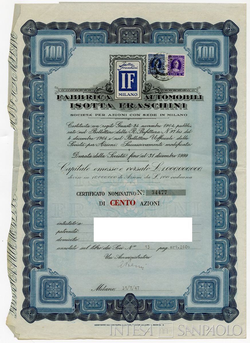 Fabbrica automobili Isotta Fraschini SpA, certificati azionari nominativi - recto  a