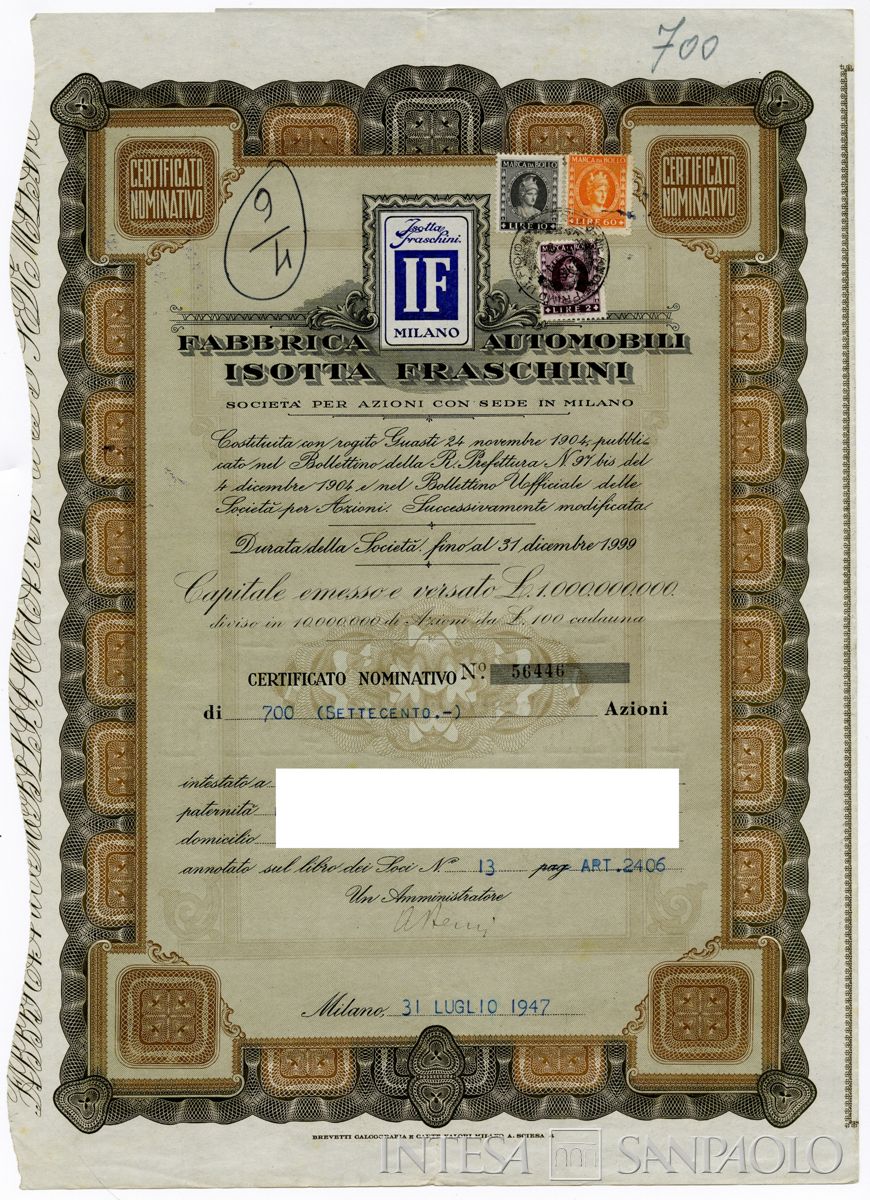 Fabbrica automobili Isotta Fraschini SpA, certificati azionari nominativi - recto a