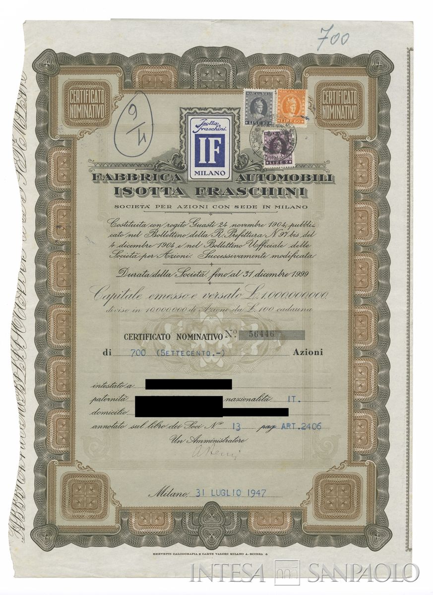 Fabbrica automobili Isotta Fraschini SpA, certificati azionari nominativi - recto b