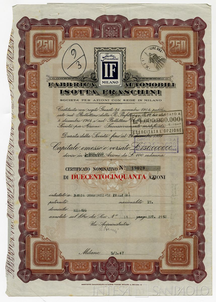 Fabbrica automobili Isotta Fraschini SpA, certificati azionari nominativi - recto b