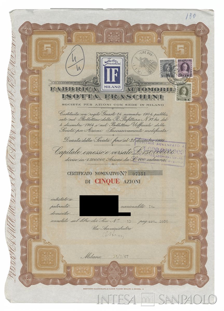 Fabbrica automobili Isotta Fraschini SpA, certificati azionari nominativi - recto a