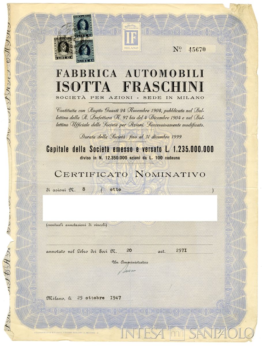 Fabbrica automobili Isotta Fraschini SpA, certificati azionari nominativi - recto a