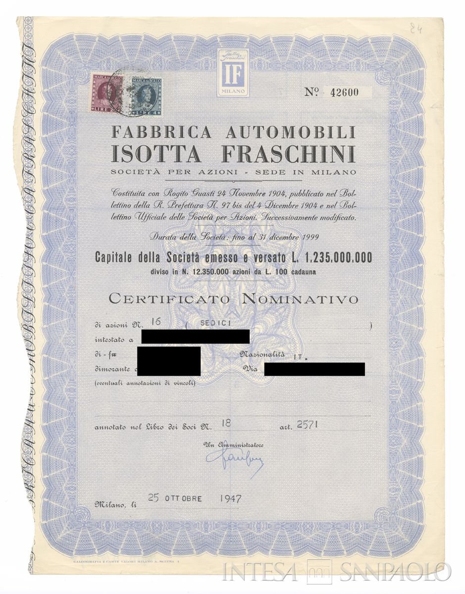 Fabbrica automobili Isotta Fraschini SpA, certificati azionari nominativi - recto b
