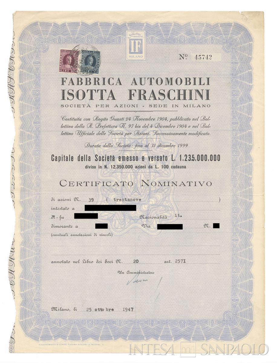 Fabbrica automobili Isotta Fraschini SpA, certificati azionari nominativi - recto c