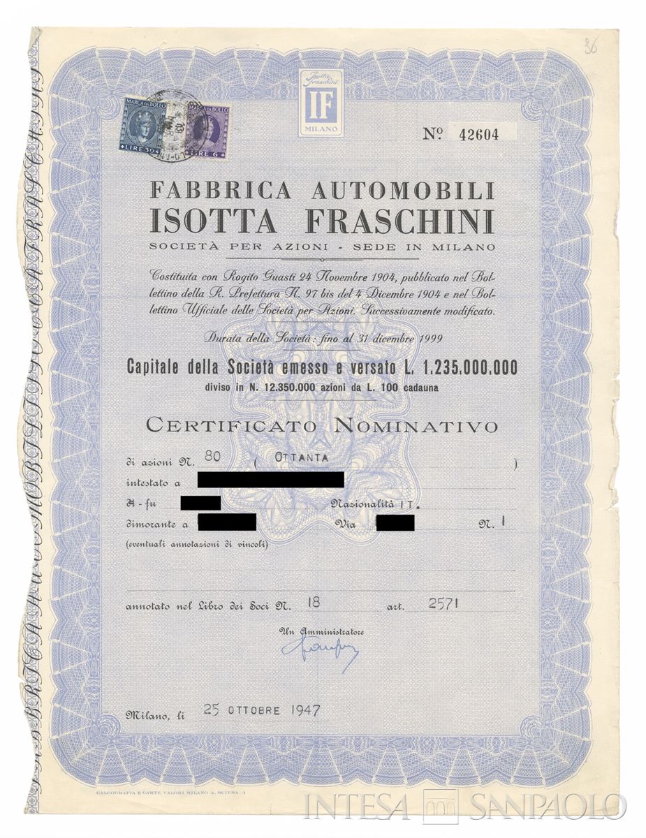 Fabbrica automobili Isotta Fraschini SpA, certificati azionari nominativi - recto d