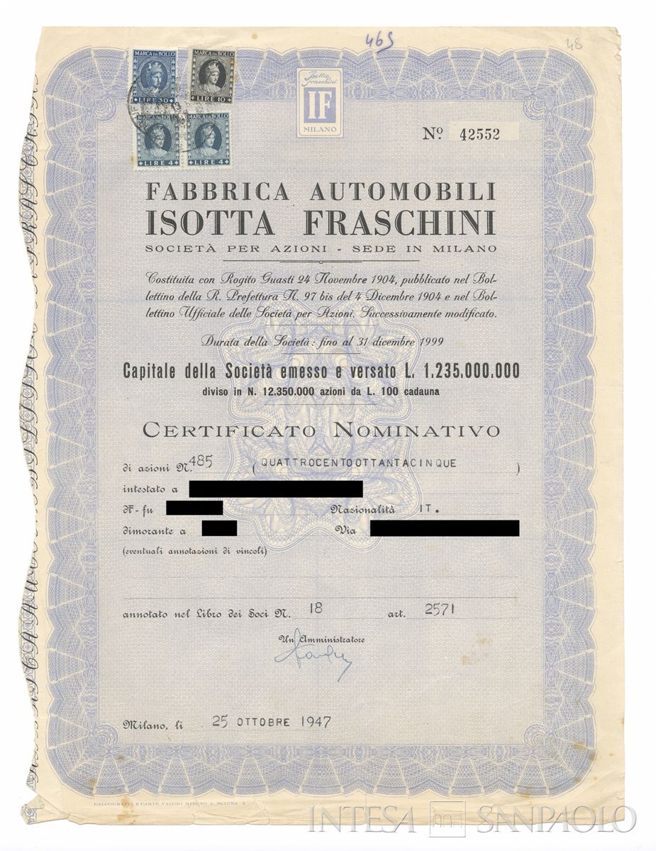 Fabbrica automobili Isotta Fraschini SpA, certificati azionari nominativi - recto e