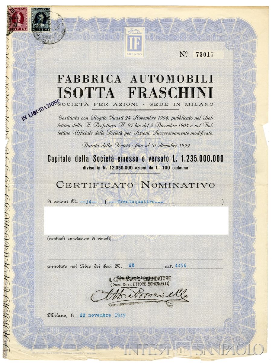 Fabbrica automobili Isotta Fraschini SpA, certificati azionari nominativi - recto a