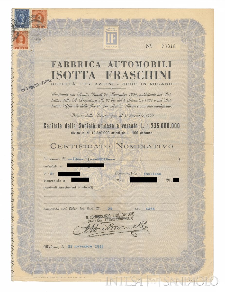 Fabbrica automobili Isotta Fraschini SpA, certificati azionari nominativi - recto b