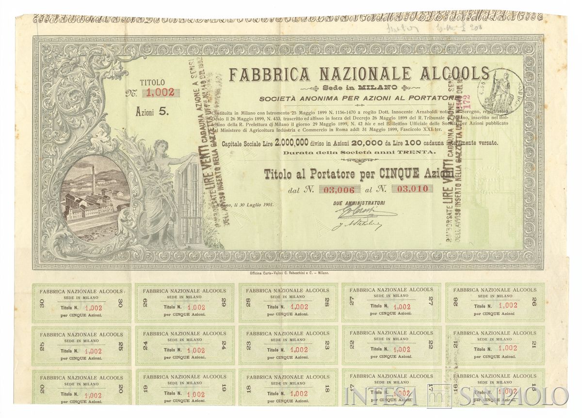 Fabbrica nazionale alcools SA, certificato azionario al portatore - recto