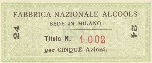 Fabbrica nazionale alcools SA, certificato azionario al portatore - dettaglio