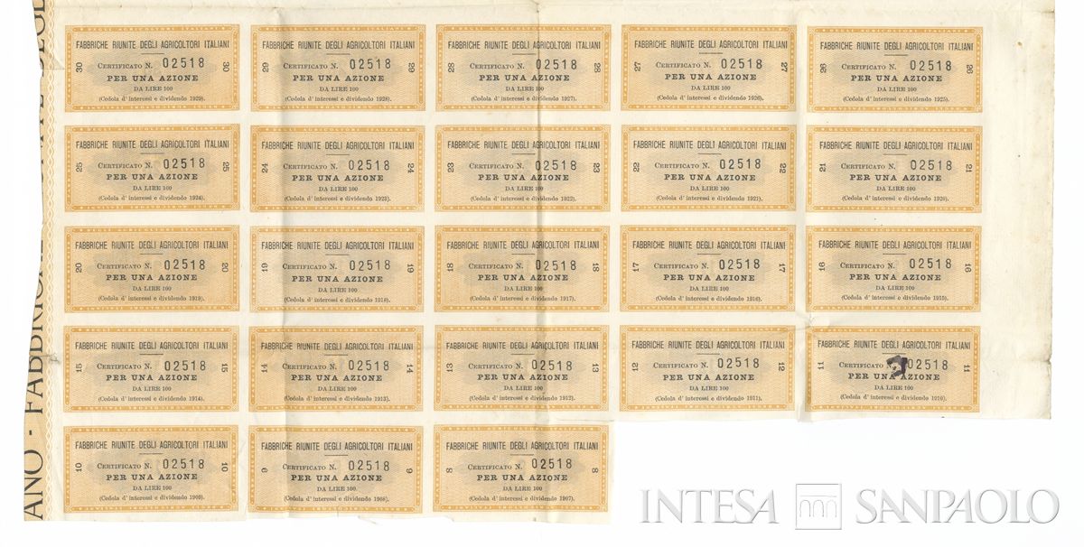 Fabbriche riunite degli agricoltori italiani SA, certificato azionario nominativo - recto