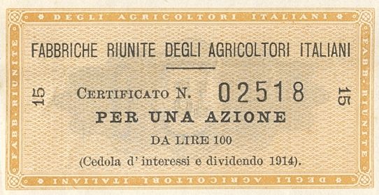 Fabbriche riunite degli agricoltori italiani SA, certificato azionario nominativo - dettaglio