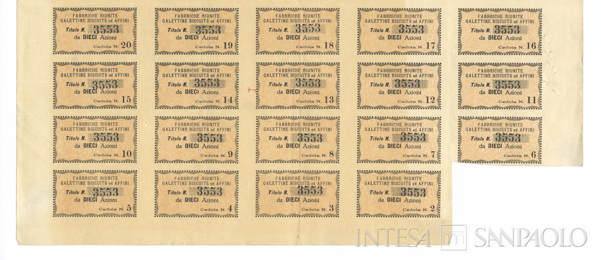 Fabbriche Riunite Galettine Biscuits ed Affini SA, certificati azionari al portatore - recto a