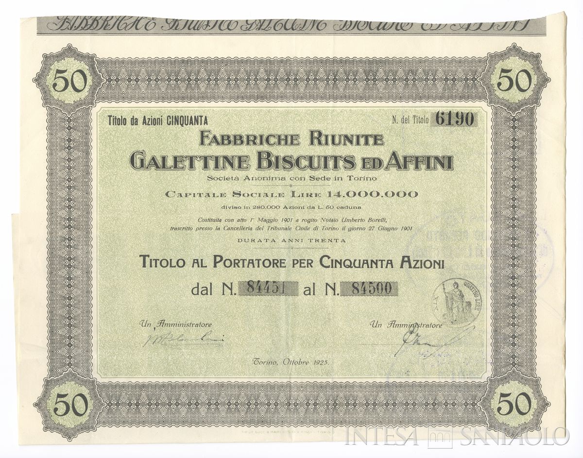 Fabbriche Riunite Galettine Biscuits ed Affini SA, certificati azionari al portatore - recto b