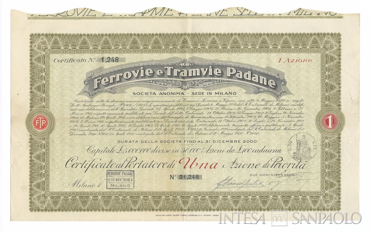 Ferrovie e Tramvie Padane SA, certificato azionario al portatore - recto