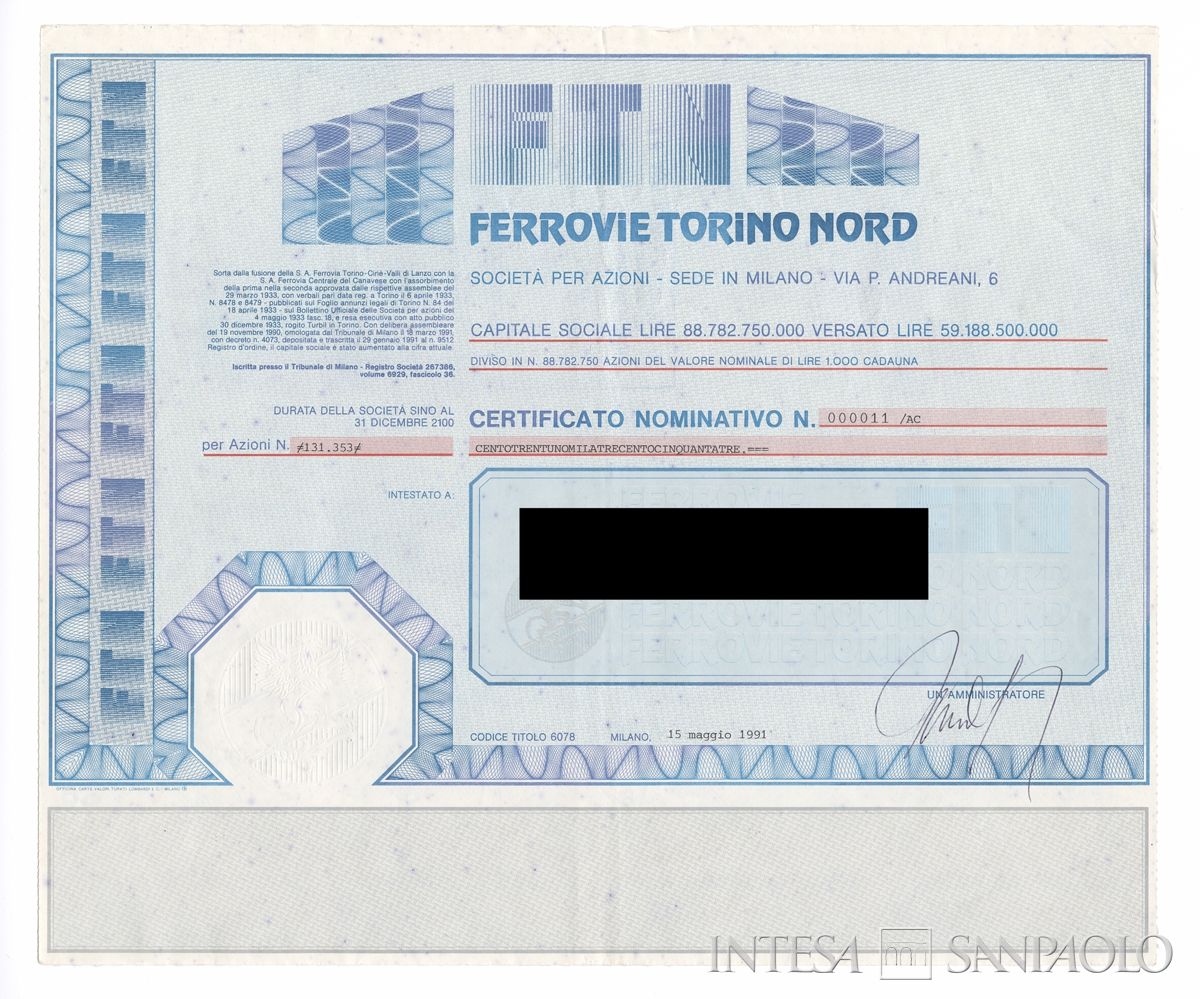 Ferrovie Torino Nord SpA, certificato azionario nominativo - recto