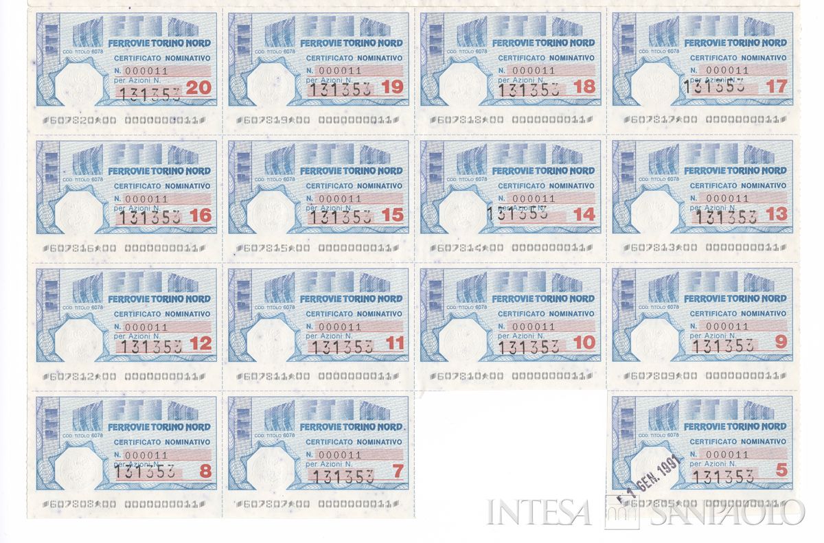 Ferrovie Torino Nord SpA, certificato azionario nominativo - recto