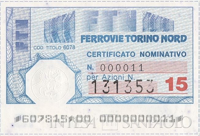 Ferrovie Torino Nord SpA, certificato azionario nominativo - dettaglio