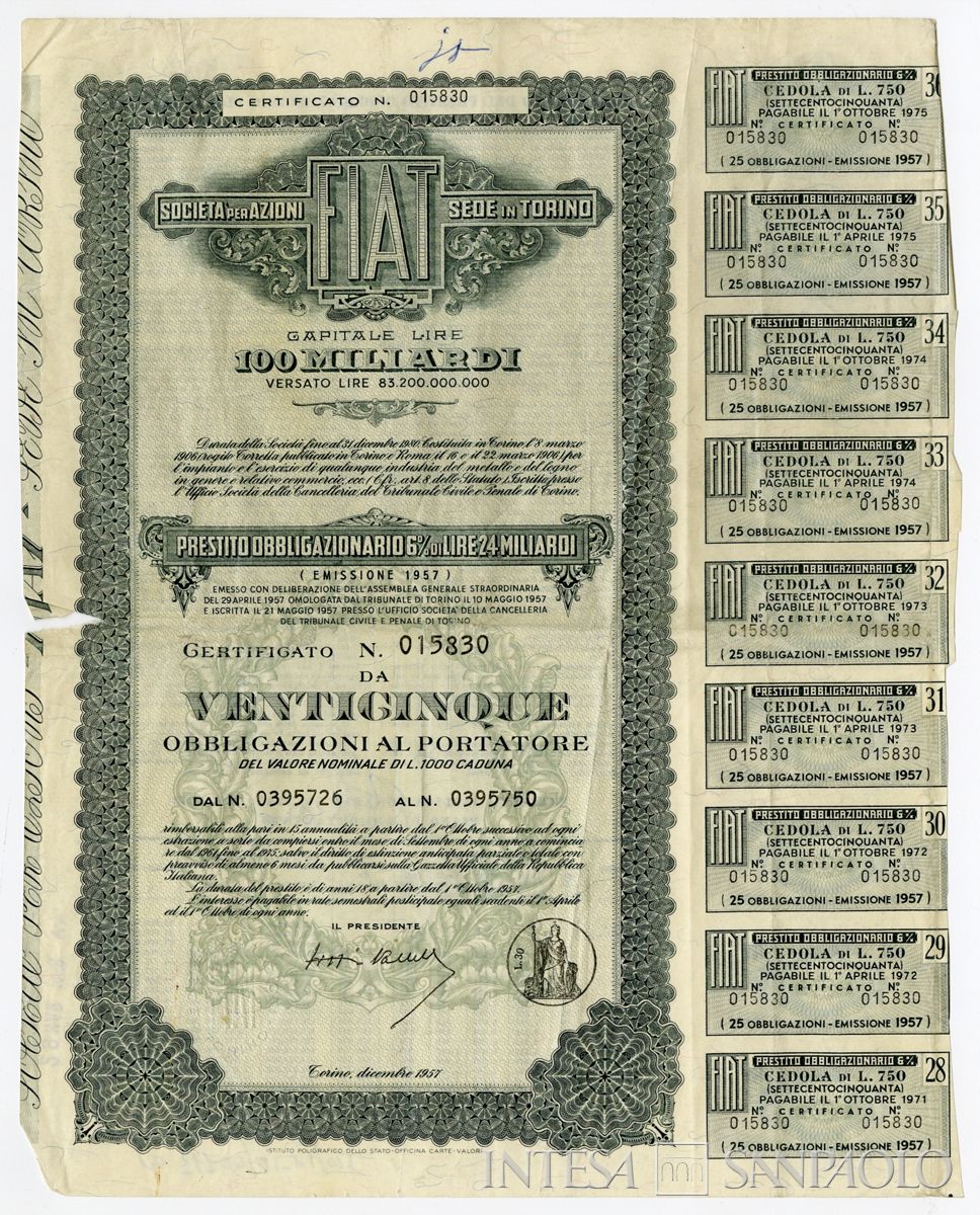 FIAT SpA, certificati obbligazionari al portatore - recto a