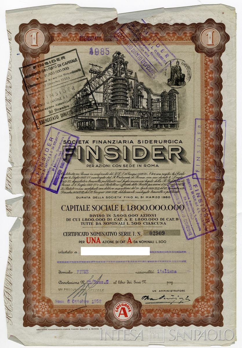 FINSIDER Società finanziaria siderurgica SpA, certificati azionari "Categoria A" nominativi - recto a