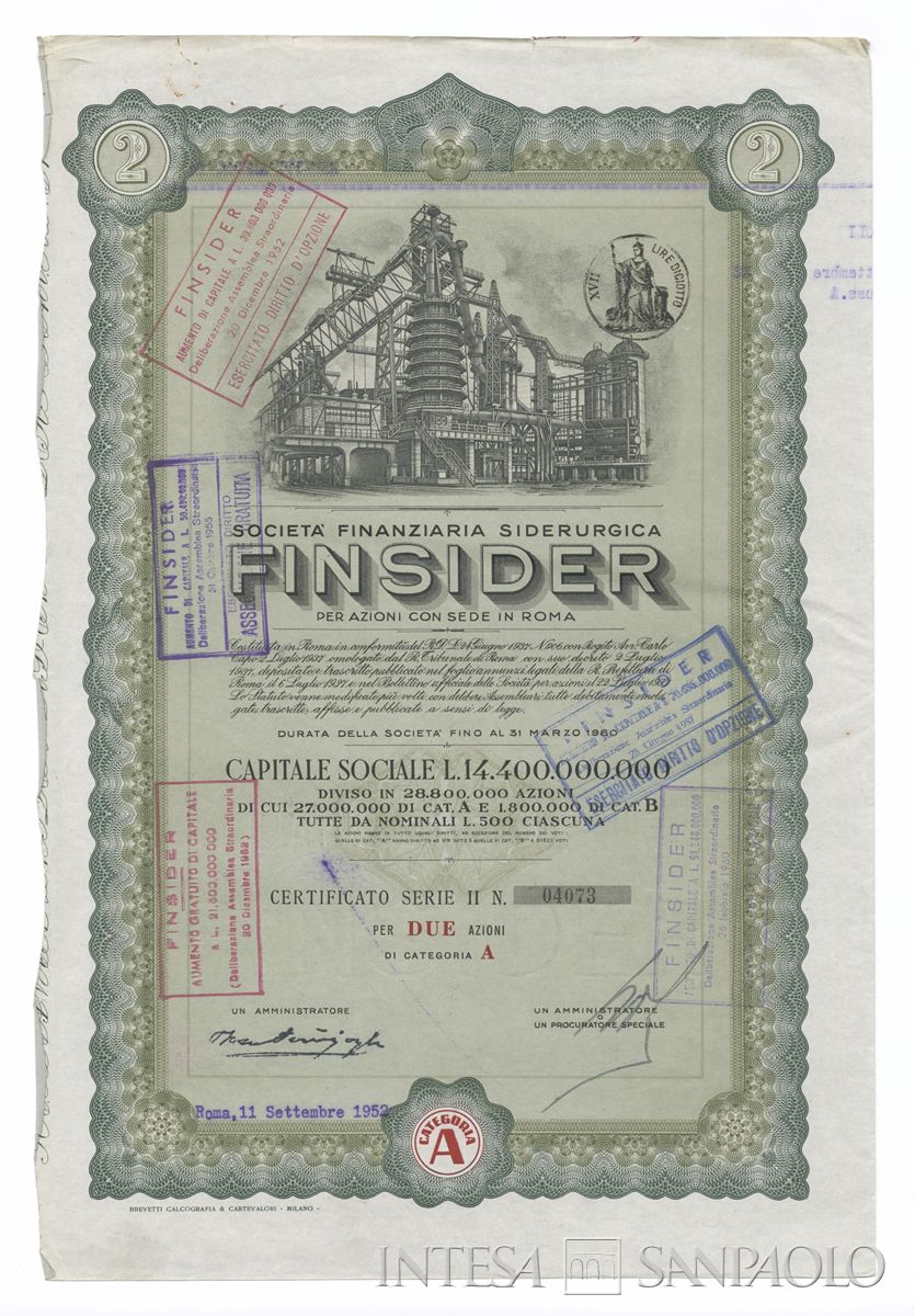 FINSIDER Società finanziaria siderurgica SpA, certificati azionari "Categoria A" nominativi - recto d