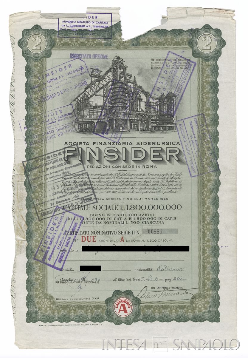 FINSIDER Società finanziaria siderurgica SpA, certificati azionari "Categoria A" nominativi - recto a