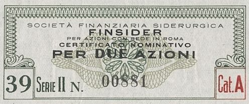 FINSIDER Società finanziaria siderurgica SpA, certificati azionari "Categoria A" nominativi - dettaglio a