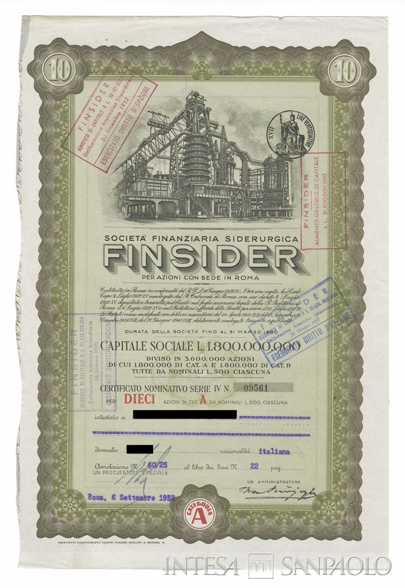 FINSIDER Società finanziaria siderurgica SpA, certificati azionari "Categoria A" nominativi - recto e