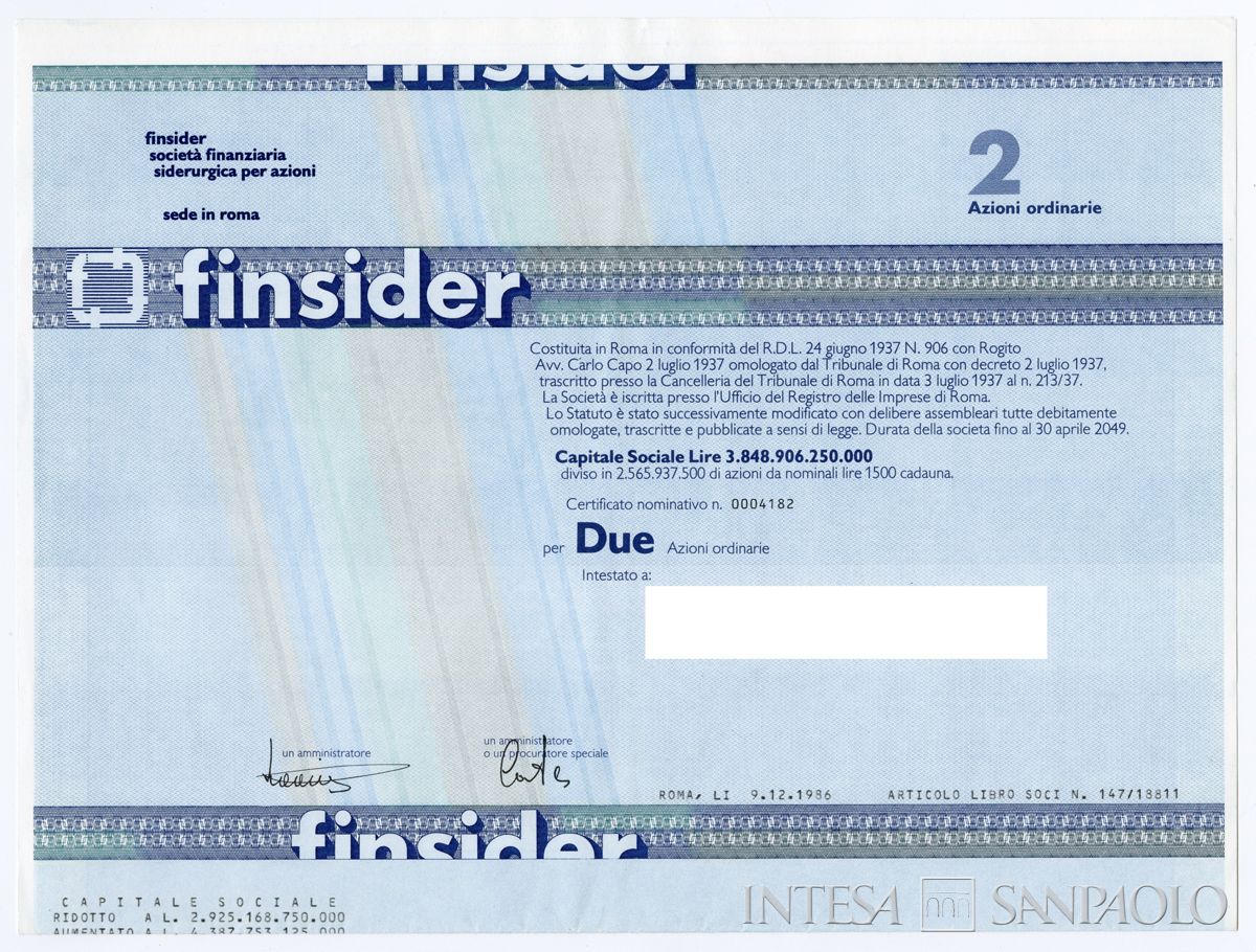 FINSIDER Società finanziaria siderurgica SpA, certificati azionari nominativi - recto a
