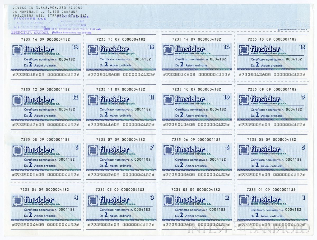 FINSIDER Società finanziaria siderurgica SpA, certificati azionari nominativi - recto a