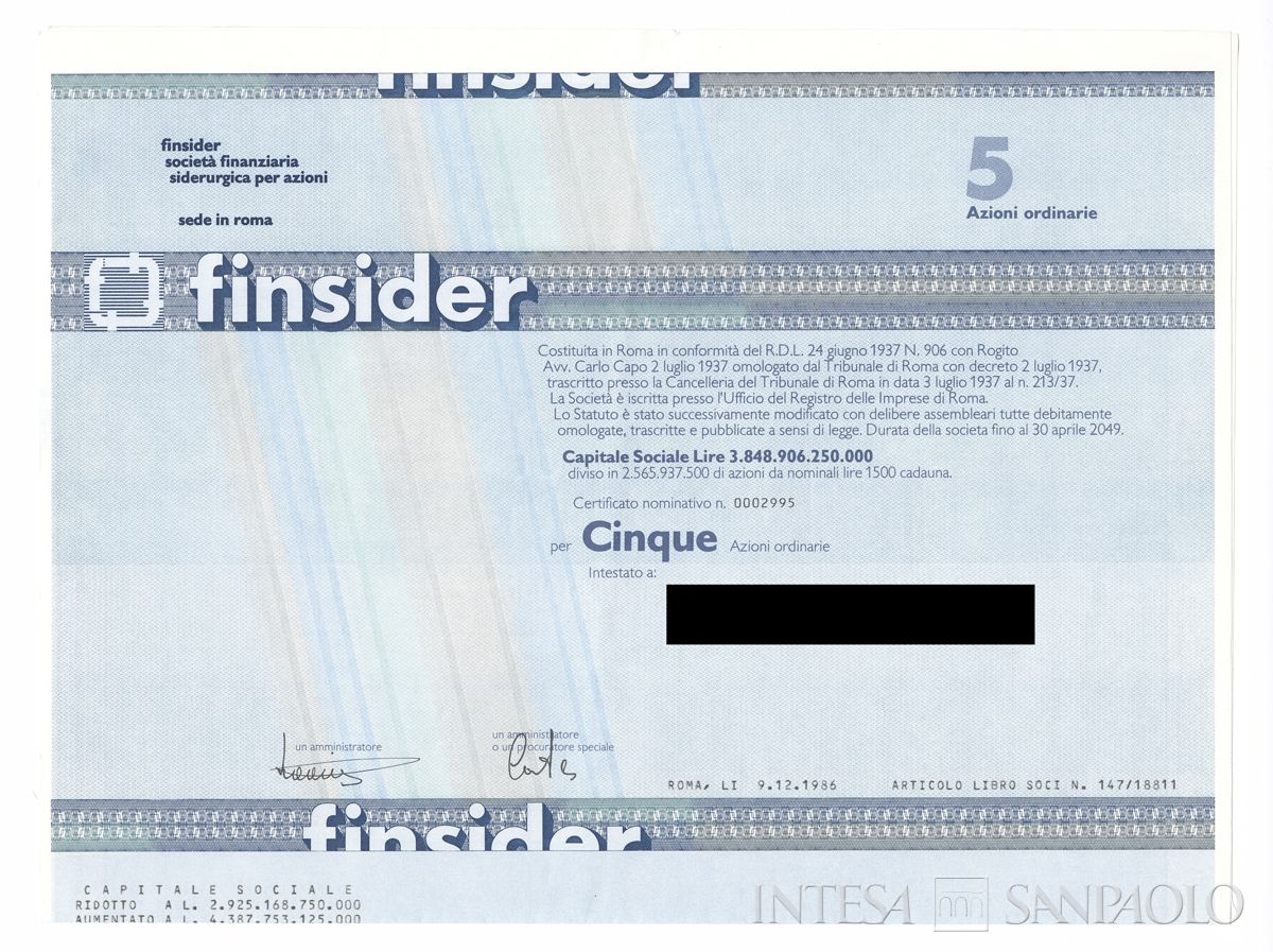 FINSIDER Società finanziaria siderurgica SpA, certificati azionari nominativi - recto b