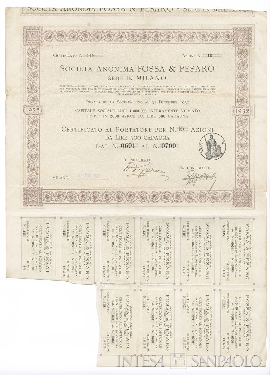 Fossa & Pesaro SA, certificato azionario al portatore - recto
