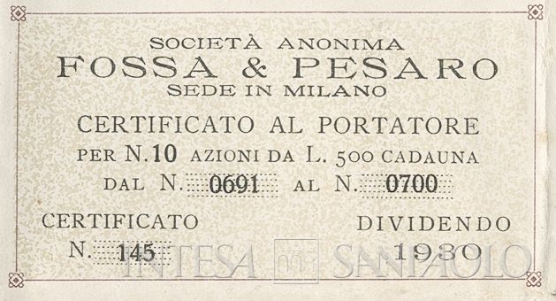 Fossa & Pesaro SA, certificato azionario al portatore - dettaglio