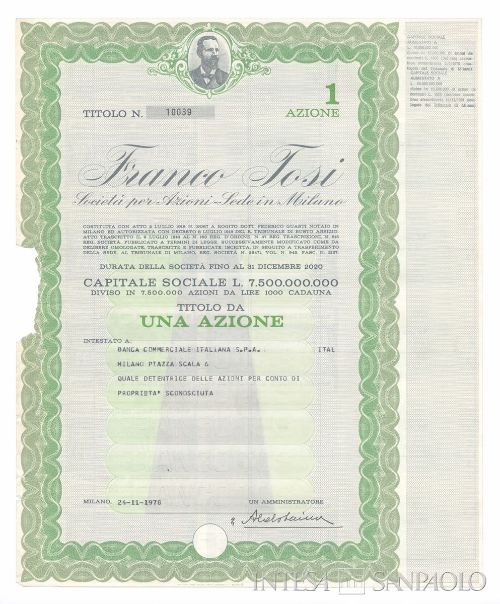 Franco Tosi SpA, certificato azionario nominativo - recto