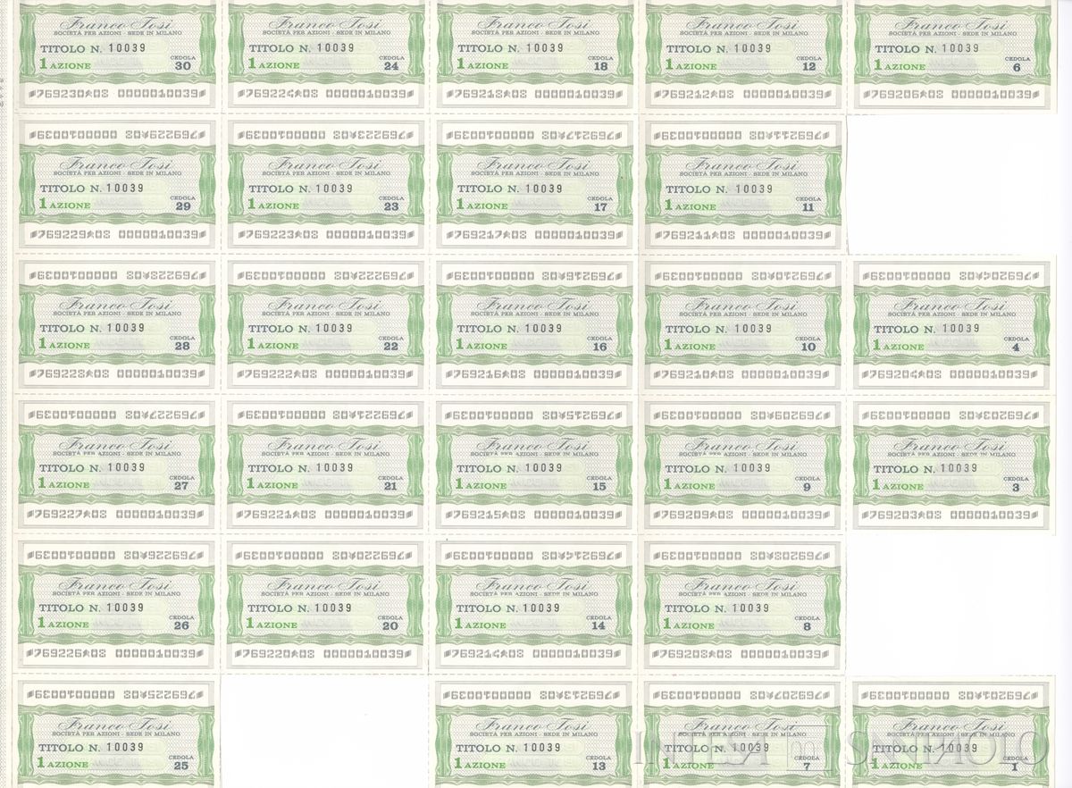 Franco Tosi SpA, certificato azionario nominativo - recto