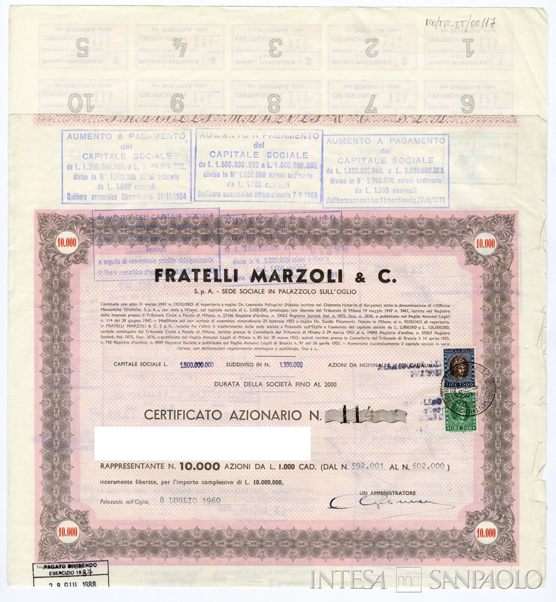 Fratelli Marzoli & C. SpA, certificato azionario nominativo - recto