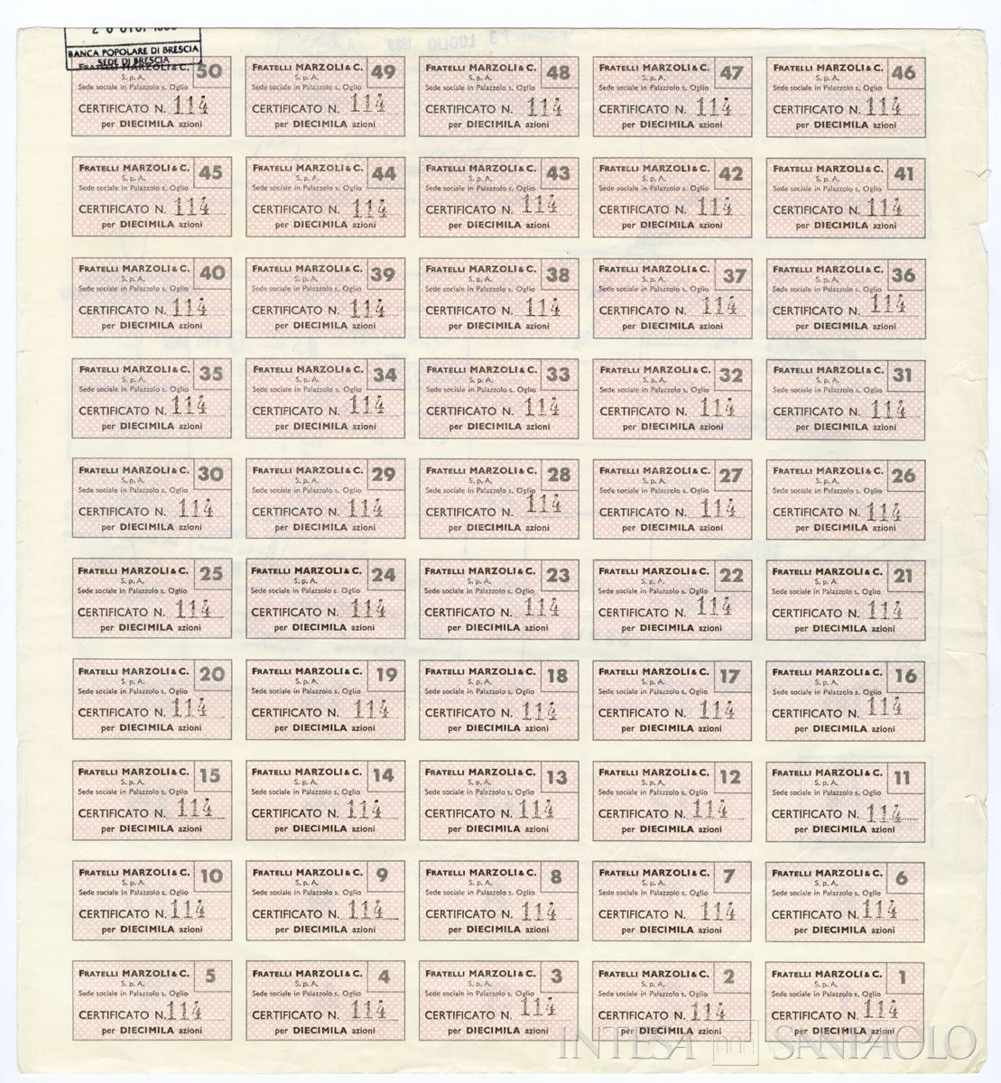 Fratelli Marzoli & C. SpA, certificato azionario nominativo - recto