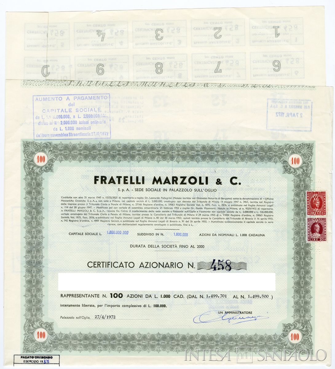 Fratelli Marzoli & C. SpA, certificati azionari nominativi - recto a
