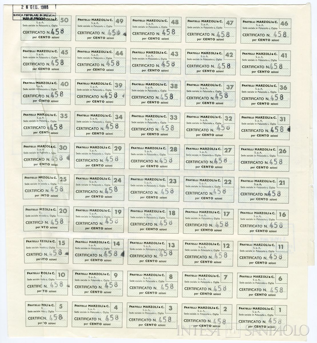 Fratelli Marzoli & C. SpA, certificati azionari nominativi - recto a