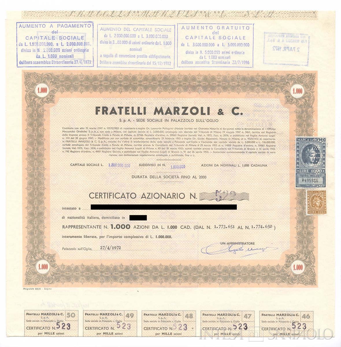 Fratelli Marzoli & C. SpA, certificati azionari nominativi - recto b