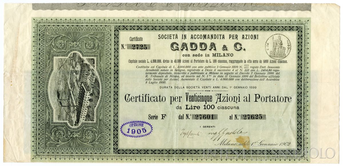 Gadda & C. SApA, certificati azionari al portatore - recto b