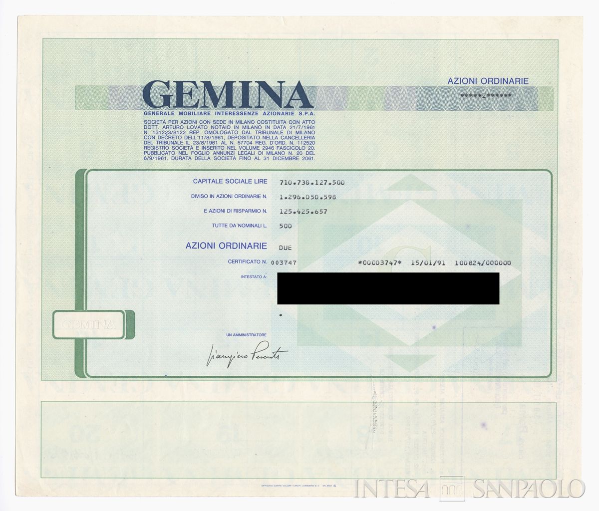 GEMINA SpA, certificati azionari nominativi - recto b